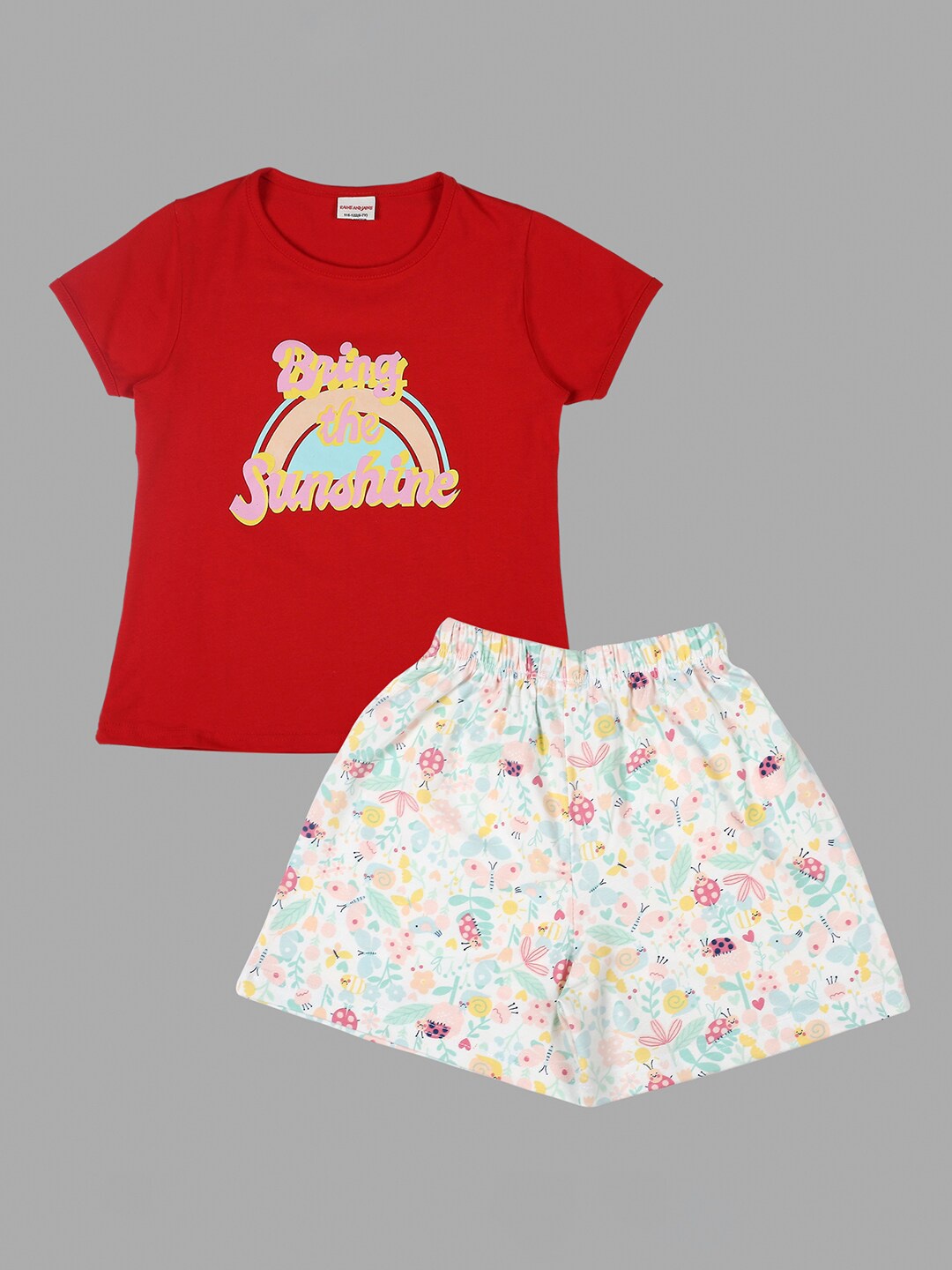 

RAINE AND JAINE Girls Conversational Printed Pure Cotton Night Suit, Red