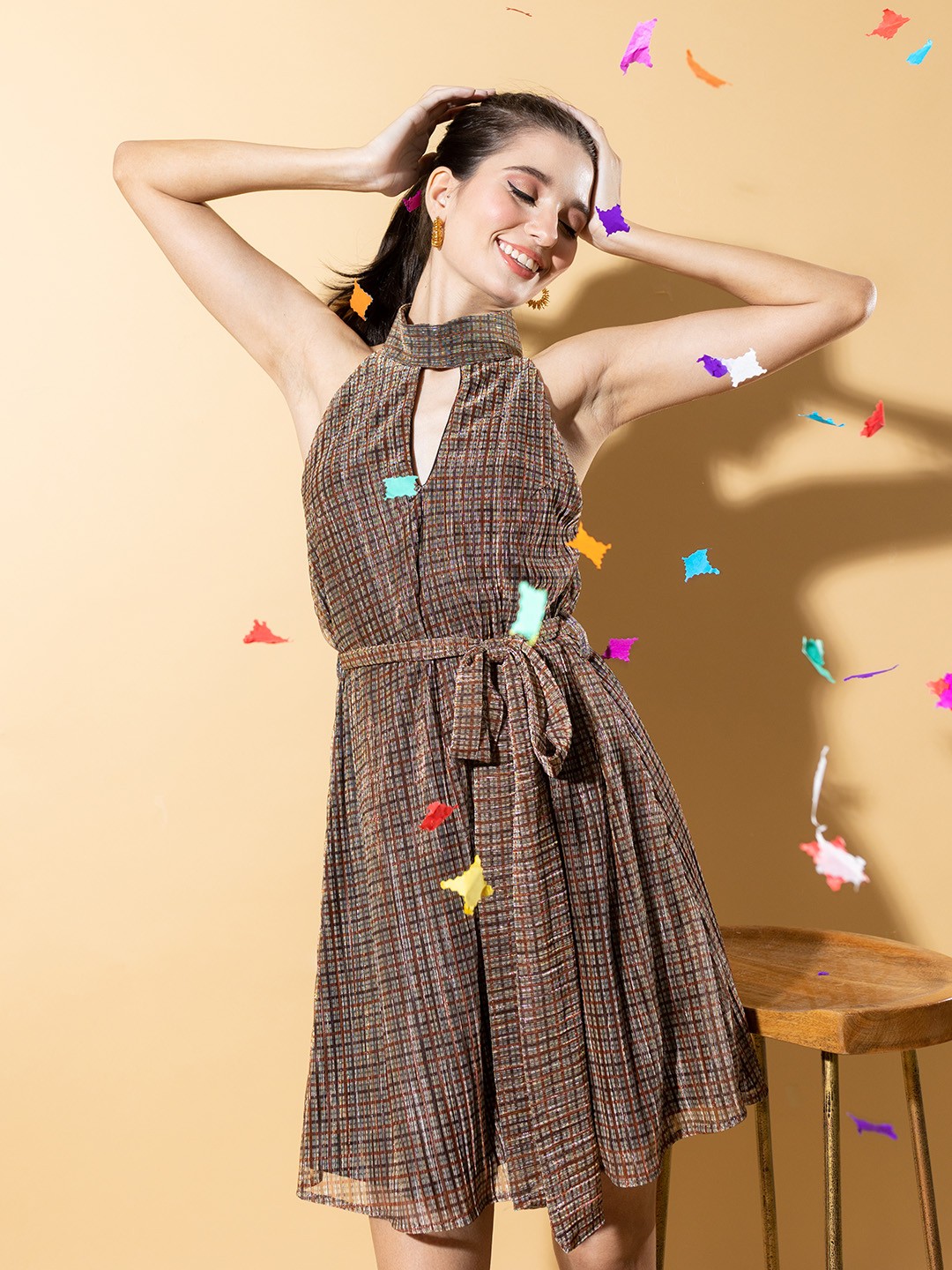

Stylecast X Hersheinbox High Neck Embellished Belted A-Line Dress, Brown