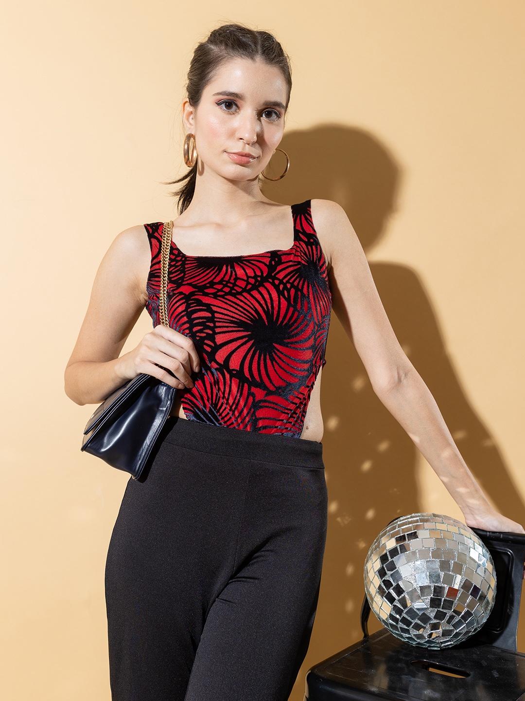 

Stylecast X Hersheinbox Velvet Finish Self-Design Spider Web Bodysuit, Red