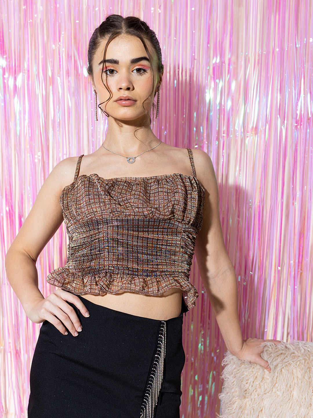 

Stylecast X Hersheinbox Checked Peplum Crop Top With Ruched Detailing, Brown