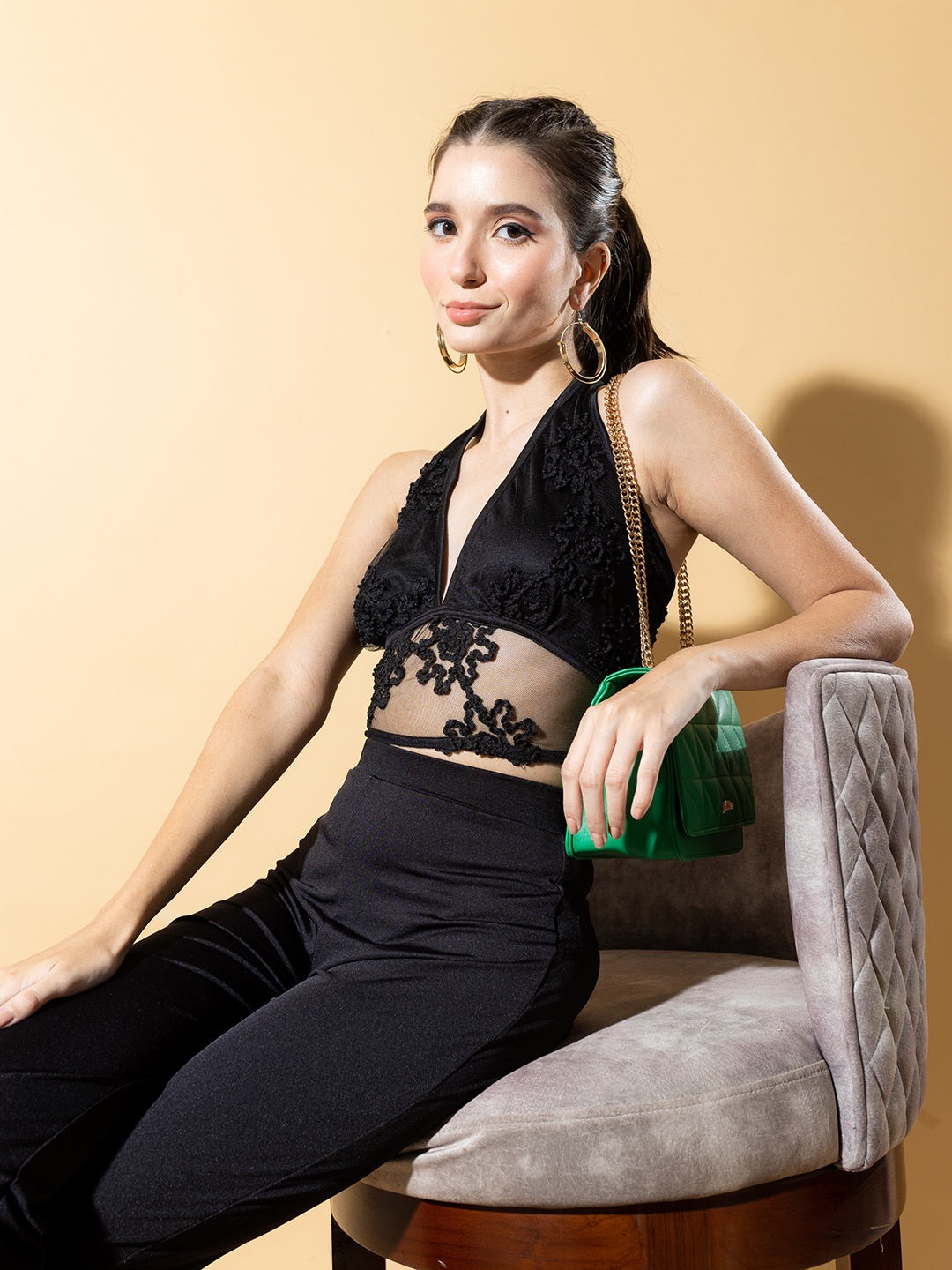 

Stylecast X Hersheinbox Embroidered Halter Neck Net Styled Back Crop Top, Black