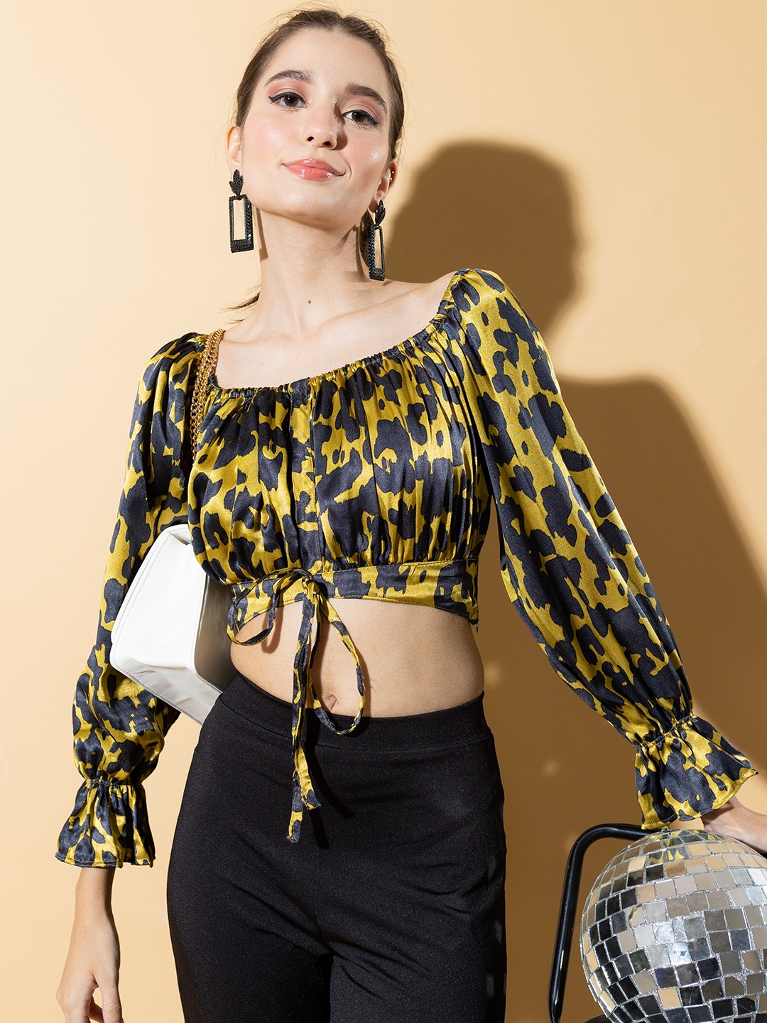 

Stylecast X Hersheinbox Animal Print Bell Sleeve Empire Style Satin Crop Top, Mustard