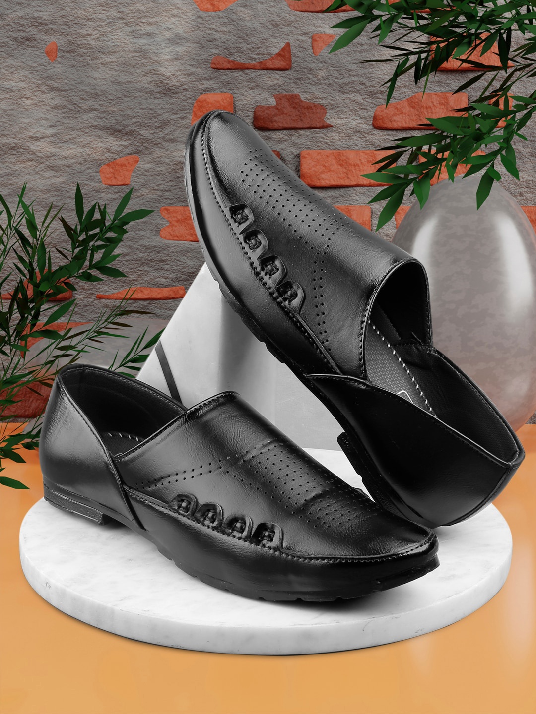 

Woakers Men Perforated Waterproof Lining Slip-On Sneakers, Black