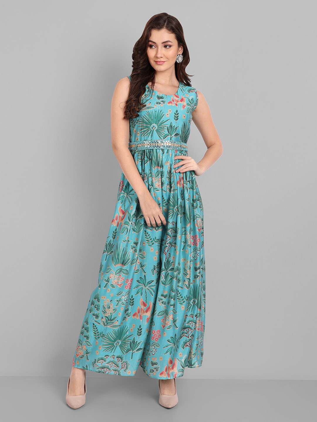 

Pakiza Cotton Paisley Printed Culotte Jumpsuit With Waist Belt, Blue