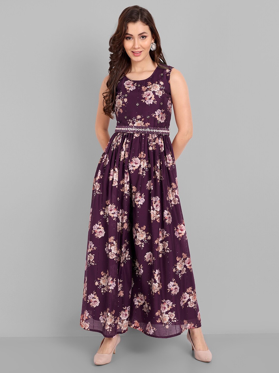 

Pakiza Round Neck Waist Tie Ups Flared Hem Cotton Basic Jumpsuit, Maroon