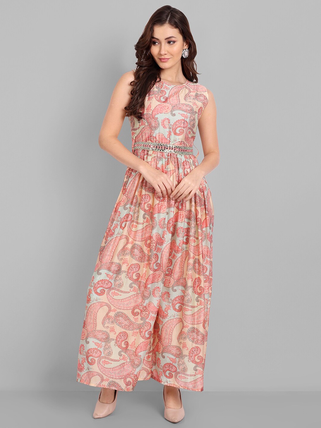 

Pakiza Cotton Paisley Printed Culotte Jumpsuit With Waist Belt, Peach