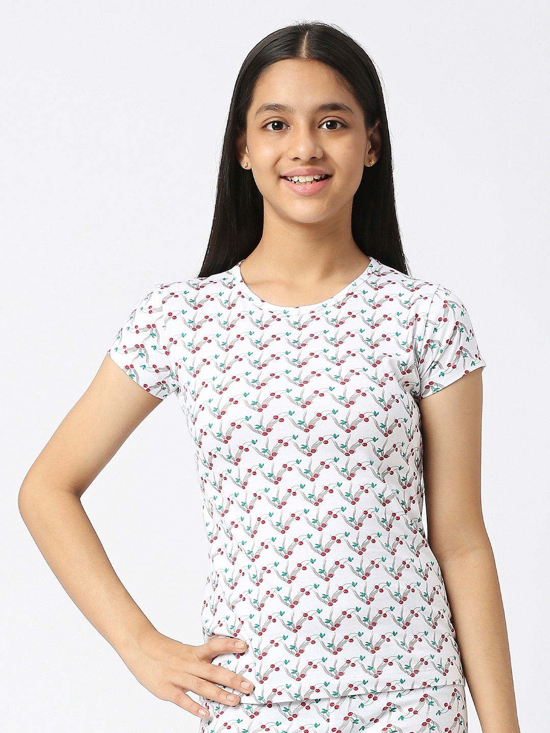 

SINI MINI Girls Conversational Printed Round Neck Cotton T-shirt, White