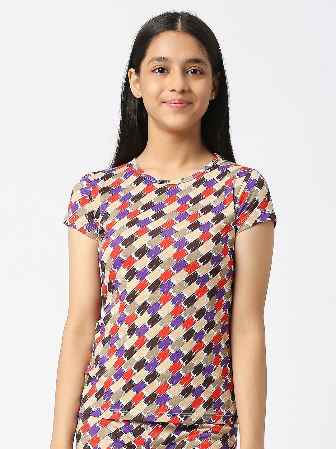 

SINI MINI Girls Abstract Printed Round Neck Cotton T-shirt, Beige