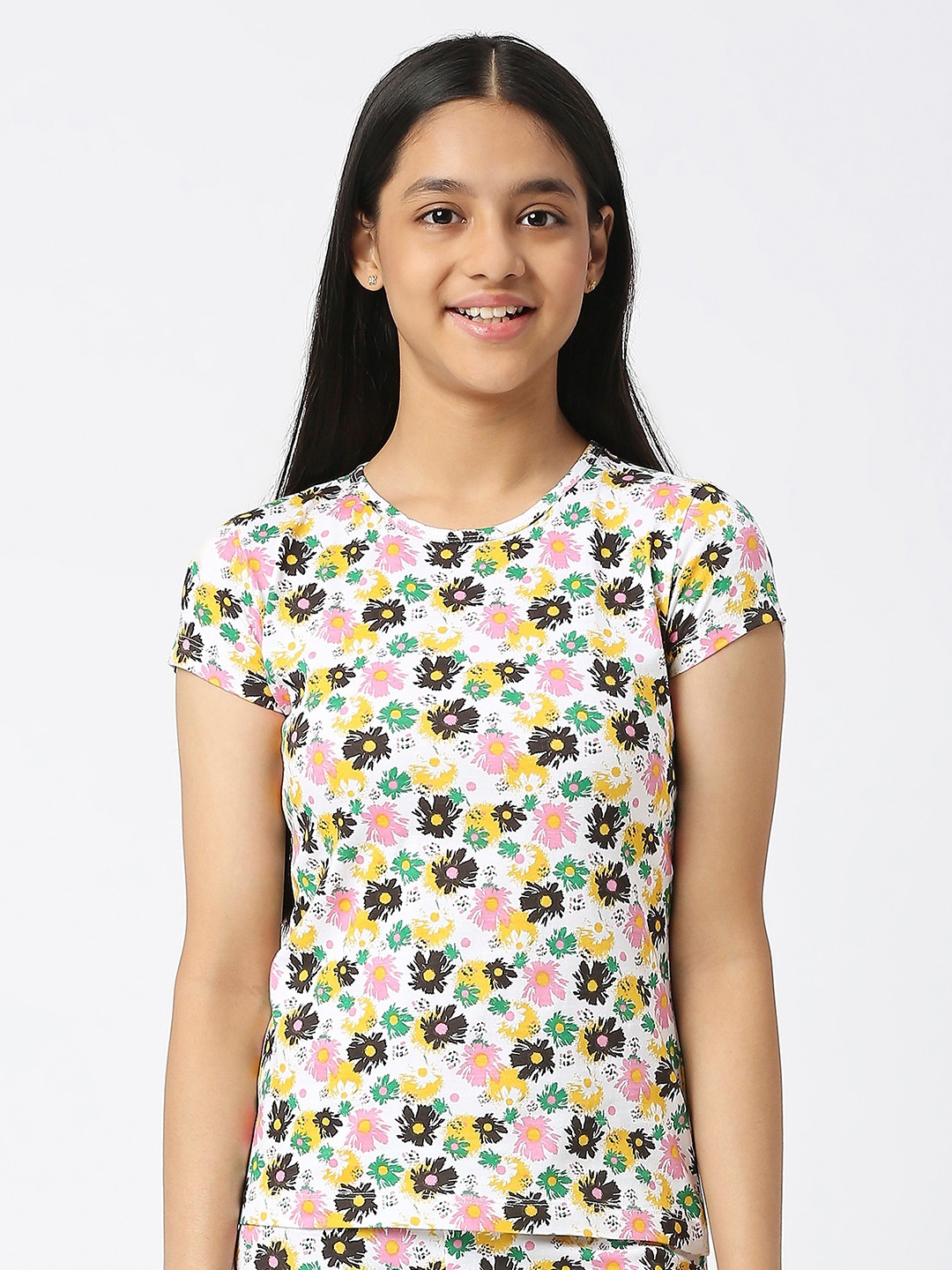 

SINI MINI Girls Floral Printed Round Neck Cotton T-shirt, White