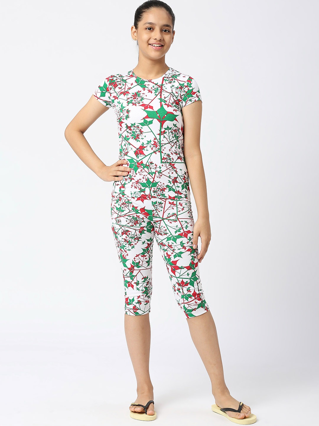 

SINI MINI Girls Floral Printed Pure Cotton Night Suit, Green