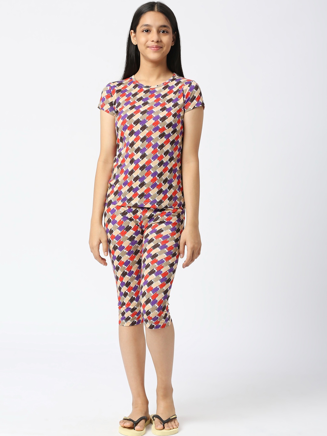 

SINI MINI Girls Abstract Printed Pure Cotton Night Suit, Beige