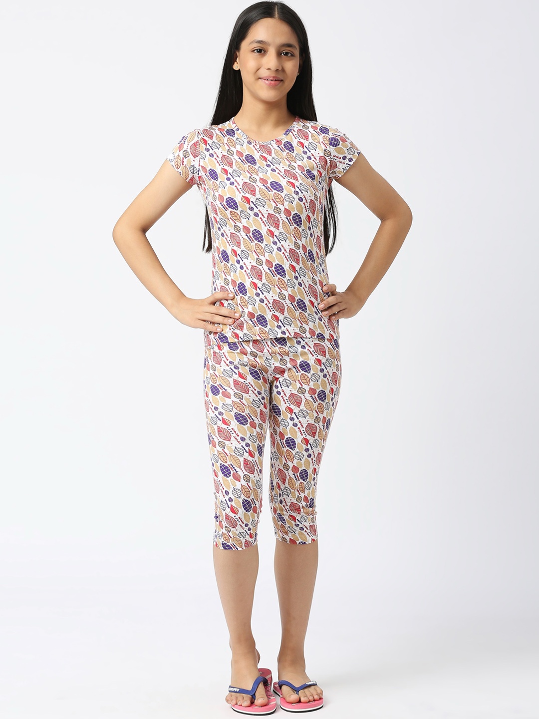 

SINI MINI Girls Floral Printed Pure Cotton Night Suit, Purple