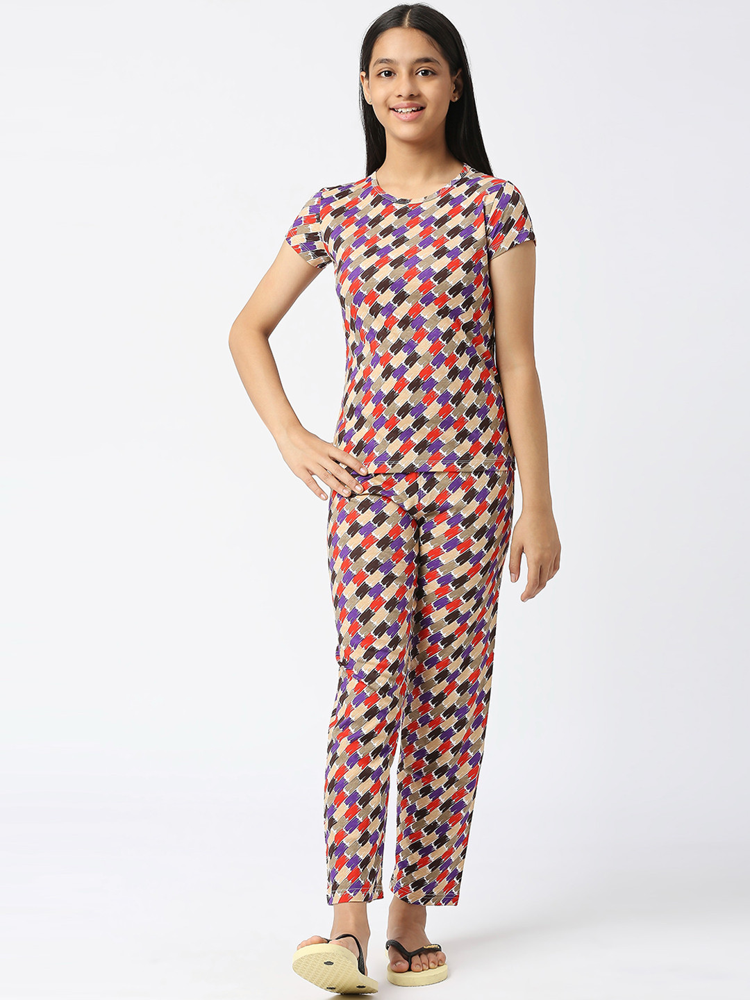 

SINI MINI Girls Abstract Printed Pure Cotton Night Suit, Beige