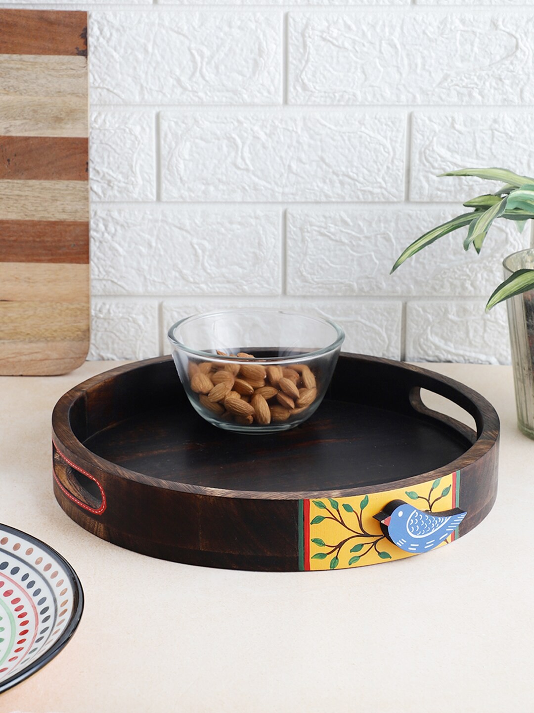 

VarEesha Neel Collection Brown Painted Blue Bird Circular Wood Tray