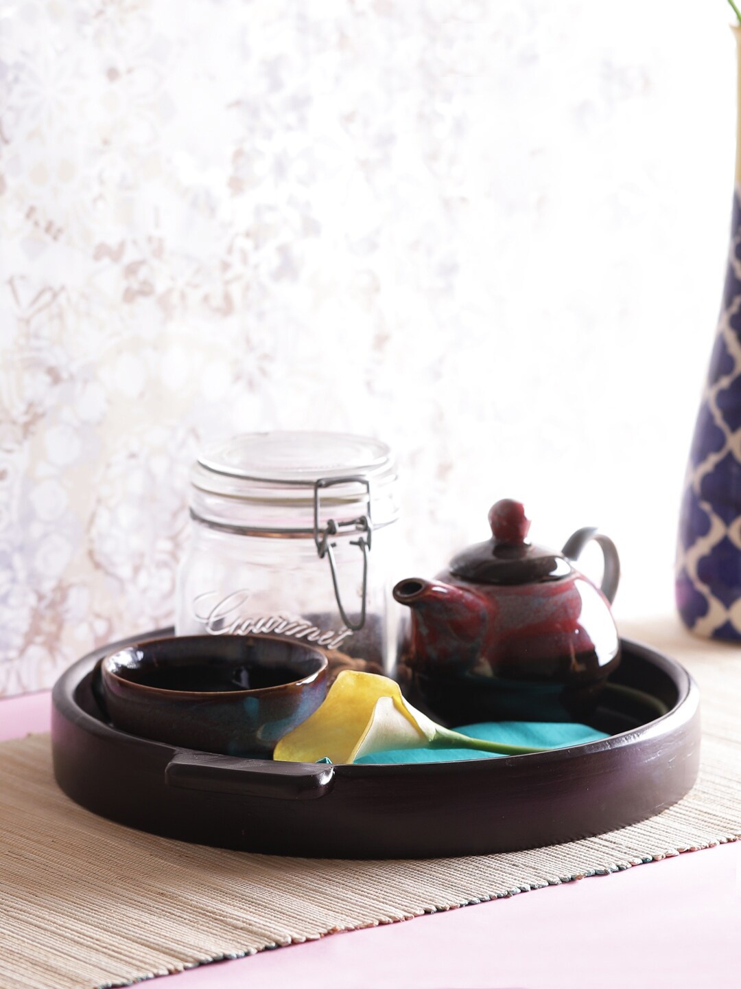 VarEesha Brown Wooden Round Tray with Handles