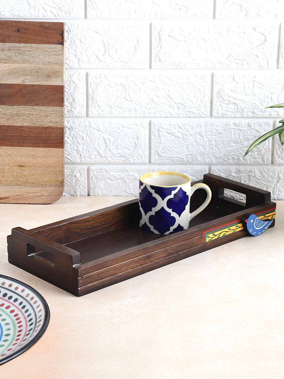 

VarEesha Neel Collection Brown Painted Blue Bird Rectangular Wood Trays