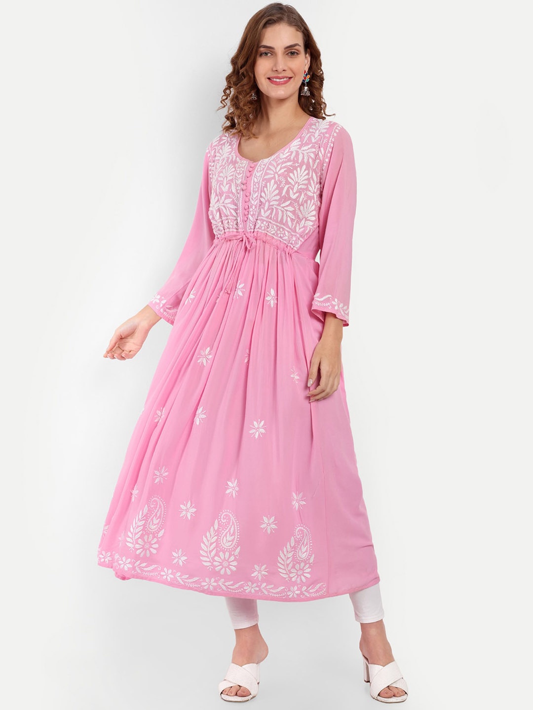 

Indiankala4u Ethnic Motifs Embroidered Pleated Chikankari A-Line Kurta, Pink