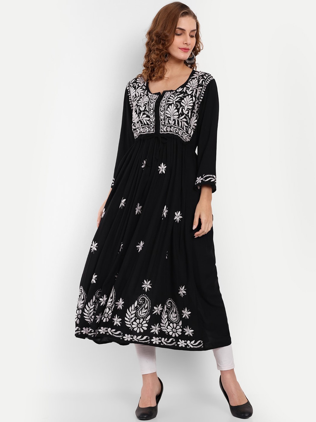 

Indiankala4u Ethnic Motifs Embroidered Pleated Chikankari A-Line Kurta, Black