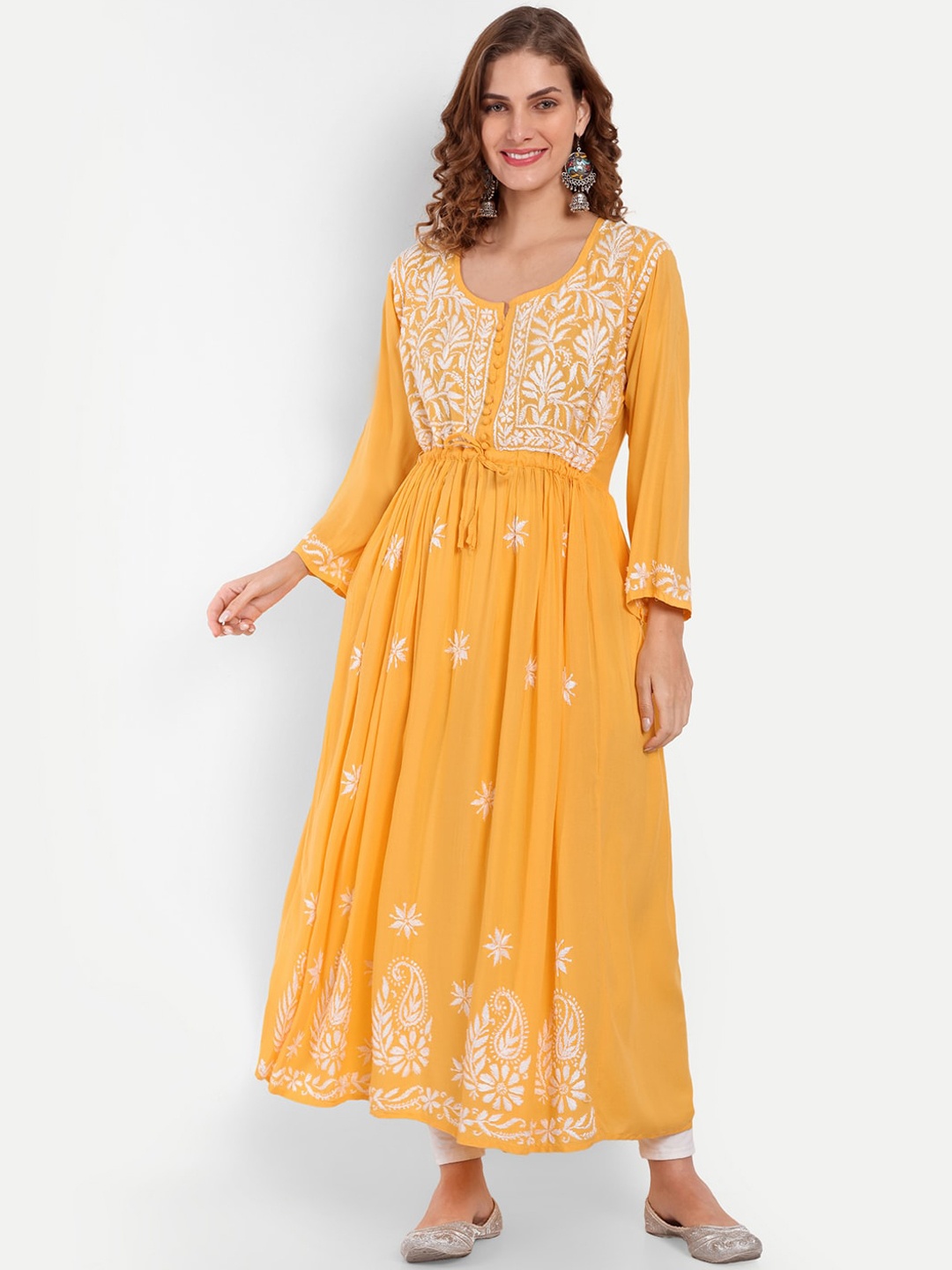 

Indiankala4u Ethnic Motifs Embroidered Pleated Chikankari A-Line Kurta, Mustard