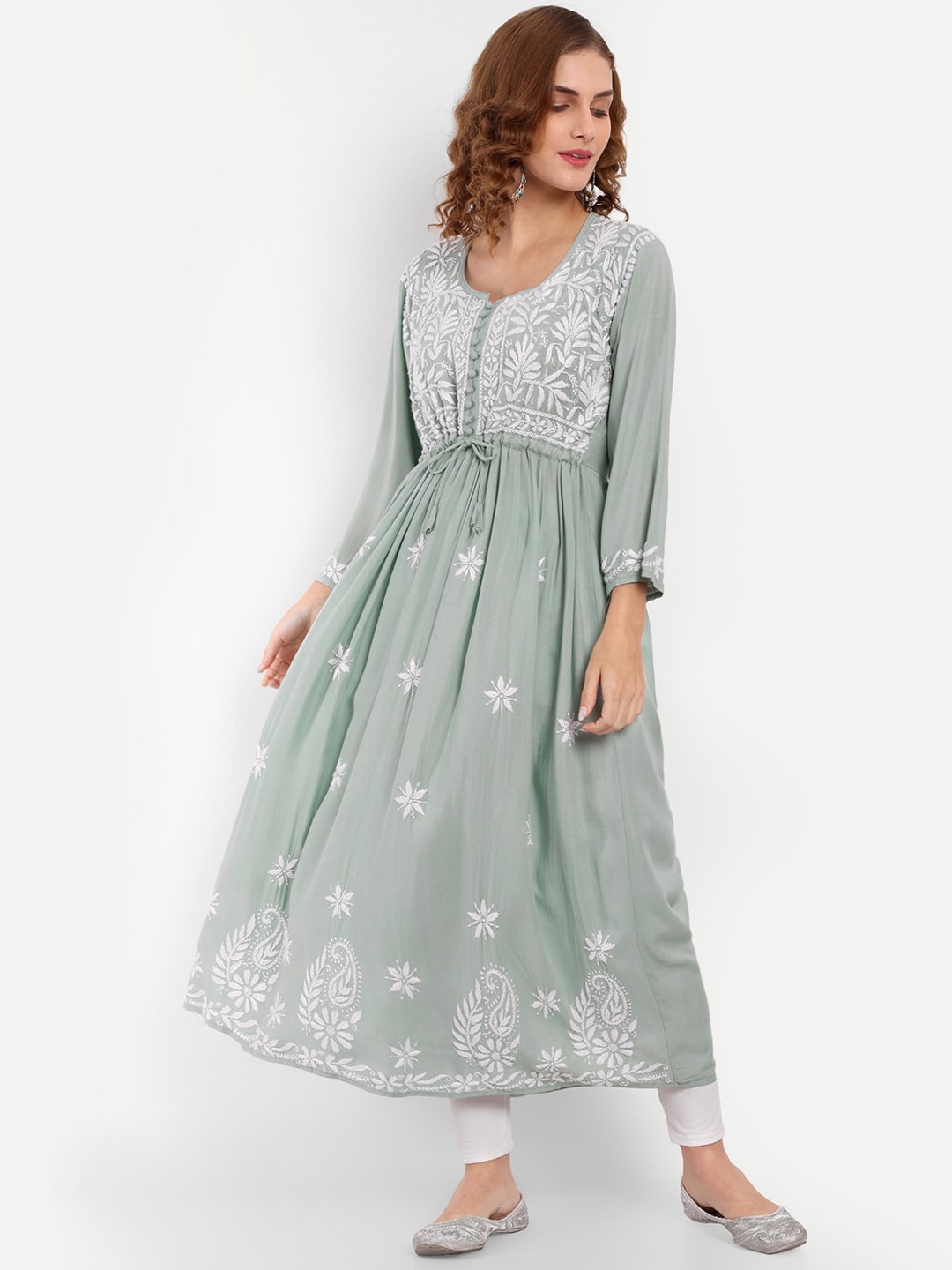 

Indiankala4u Ethnic Motifs Embroidered Pleated Chikankari A-Line Kurta, Green