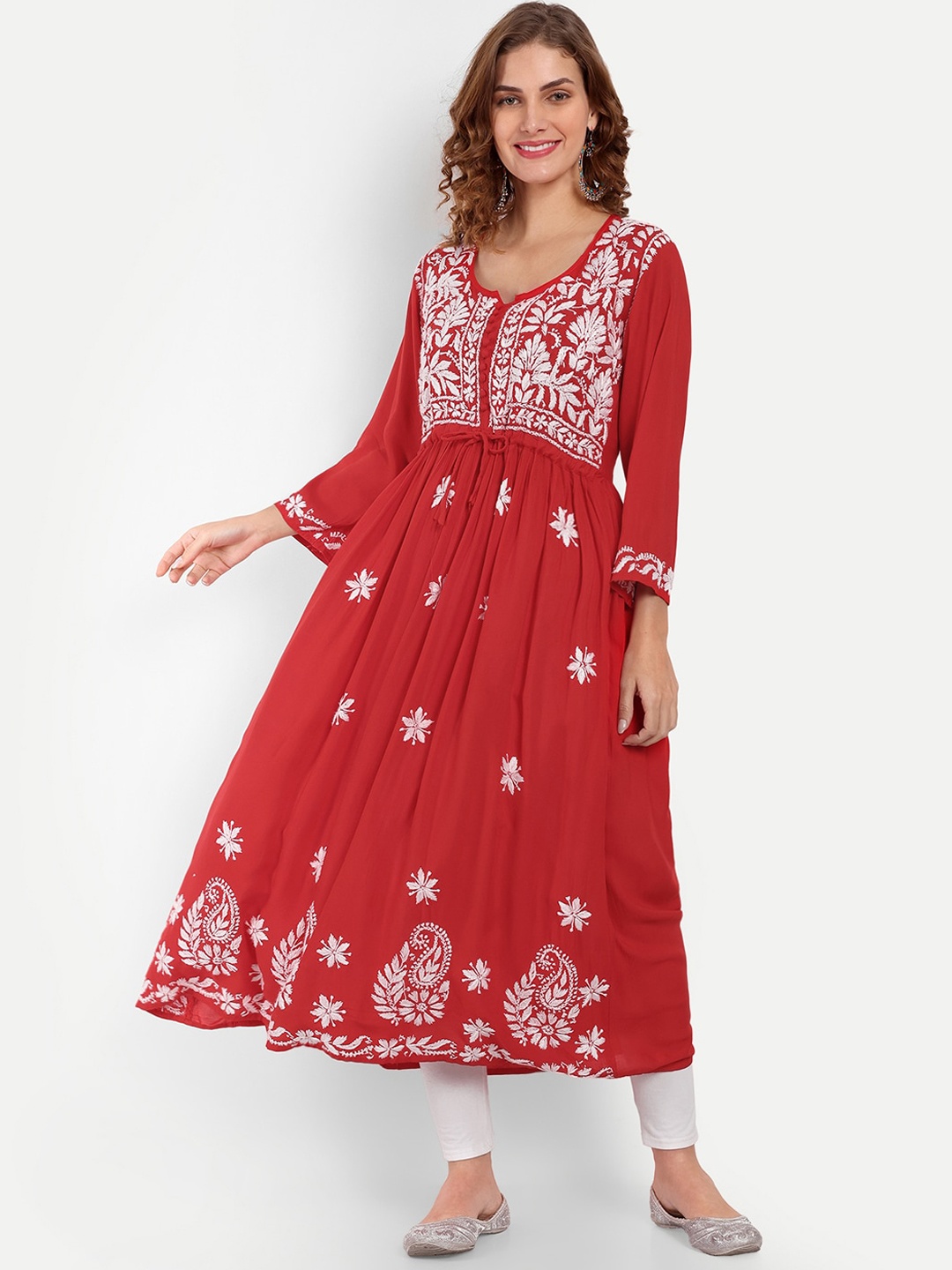 

Indiankala4u Pleated Ethnic Motifs Embroidered Chikankari Anarkali Kurta, Red