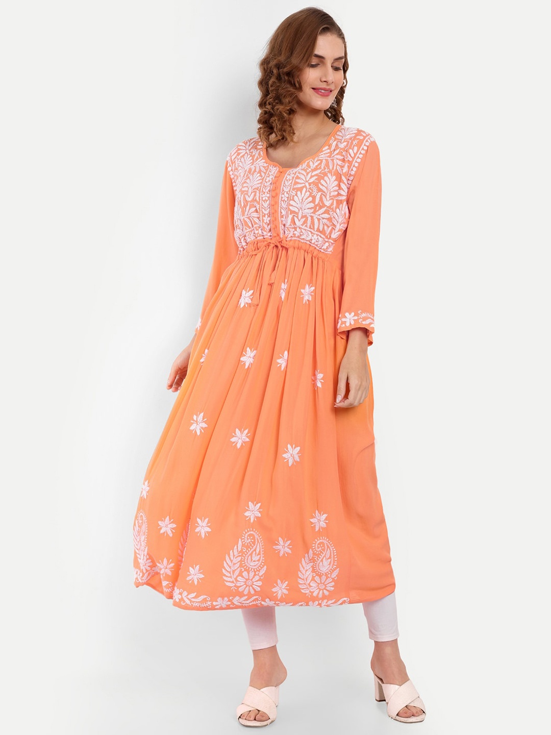 

Indiankala4u Ethnic Motifs Embroidered Pleated Chikankari A-Line Kurta, Coral