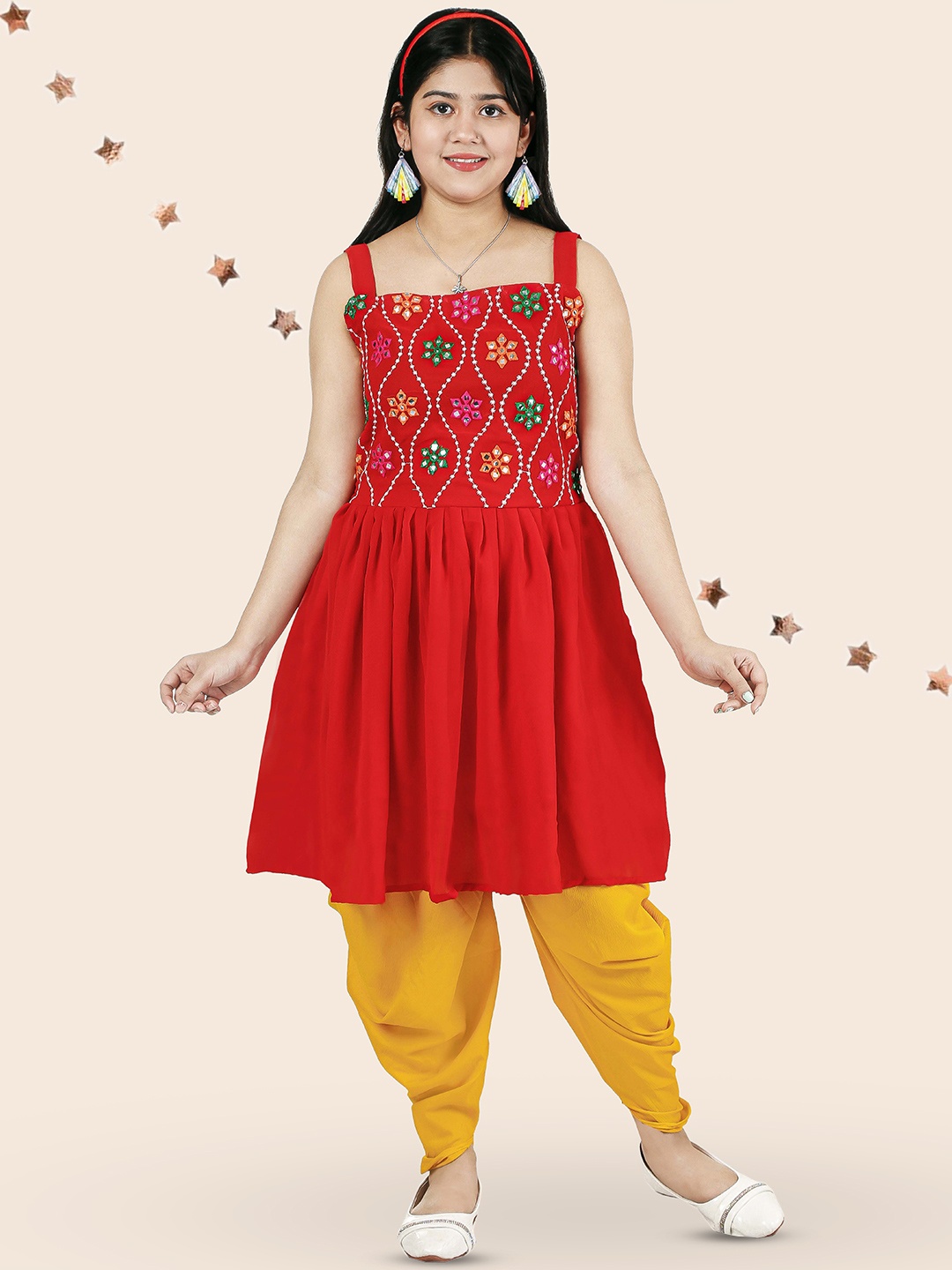 

KAARIGARI Girls Ethnic Motifs Embroidered Georgette A-Line Kurti, Red