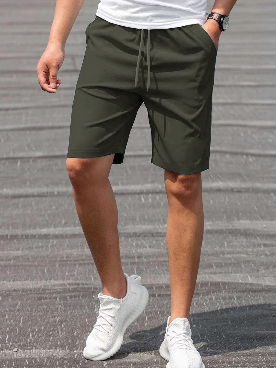 

NOBERO Men Mid Rise Drawstring Cotton Sports Shorts, Olive