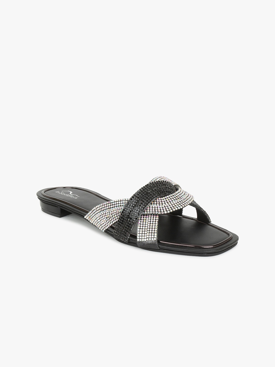 

InSaddlers Women Printed Open Toe Slip On Flats, Black