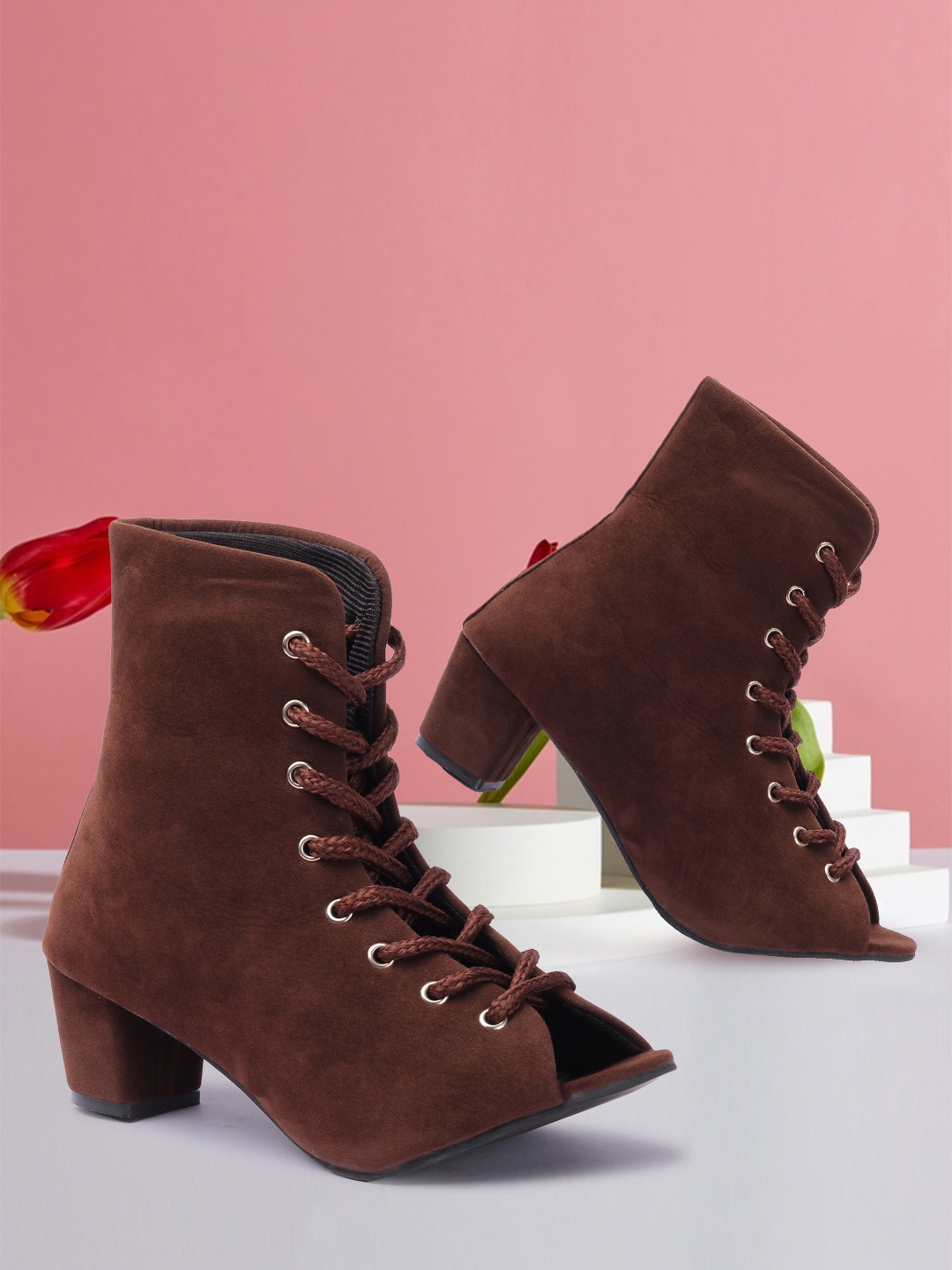 

OPHELIA Mid Top Velvet Block Heel Regular Boots, Brown