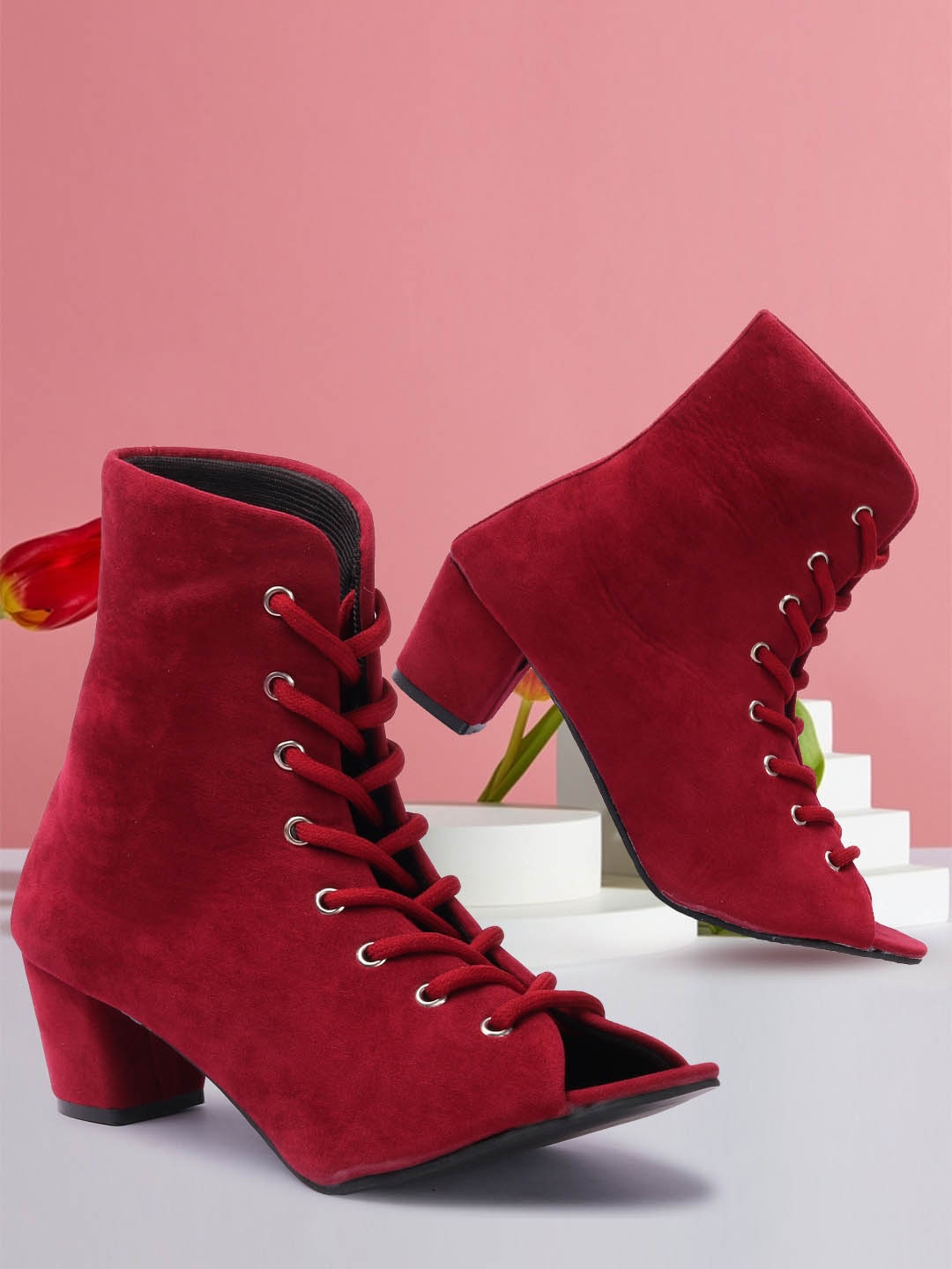 

OPHELIA Mid Top Velvet Block Heel Regular Boots, Maroon