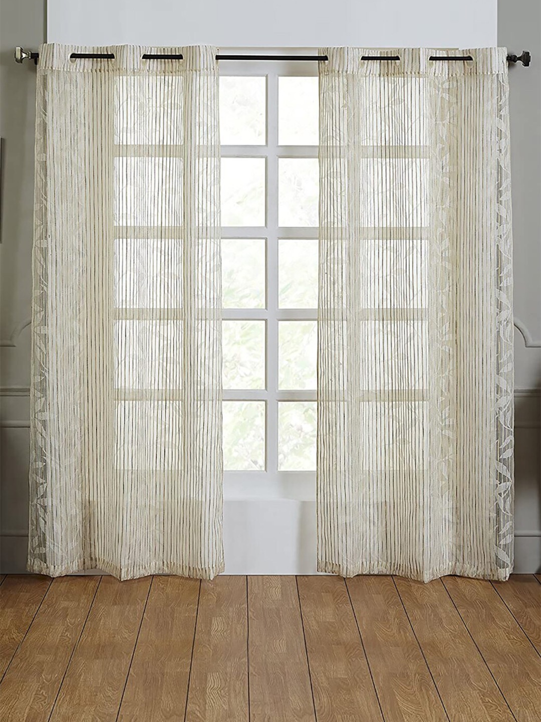 

homewards White & Gold-Toned 2 Pieces Striped Sheer Long Door Curtain