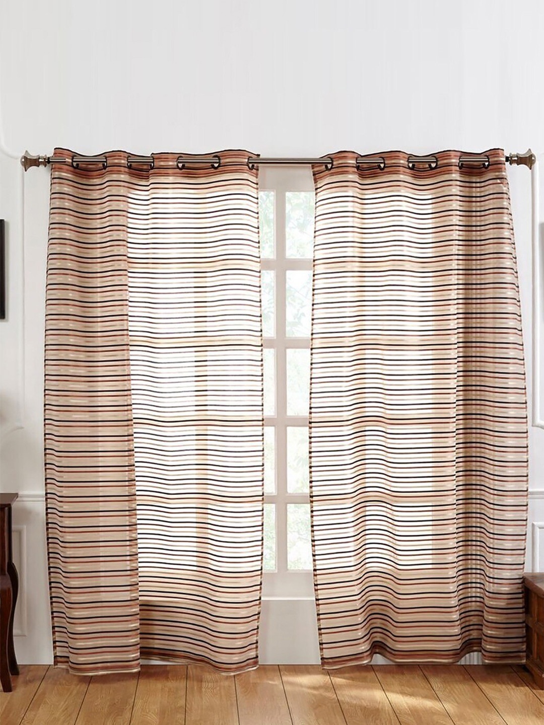 

homewards Beige & Gold-Toned 2 Pieces Striped Sheer Long Door Curtain