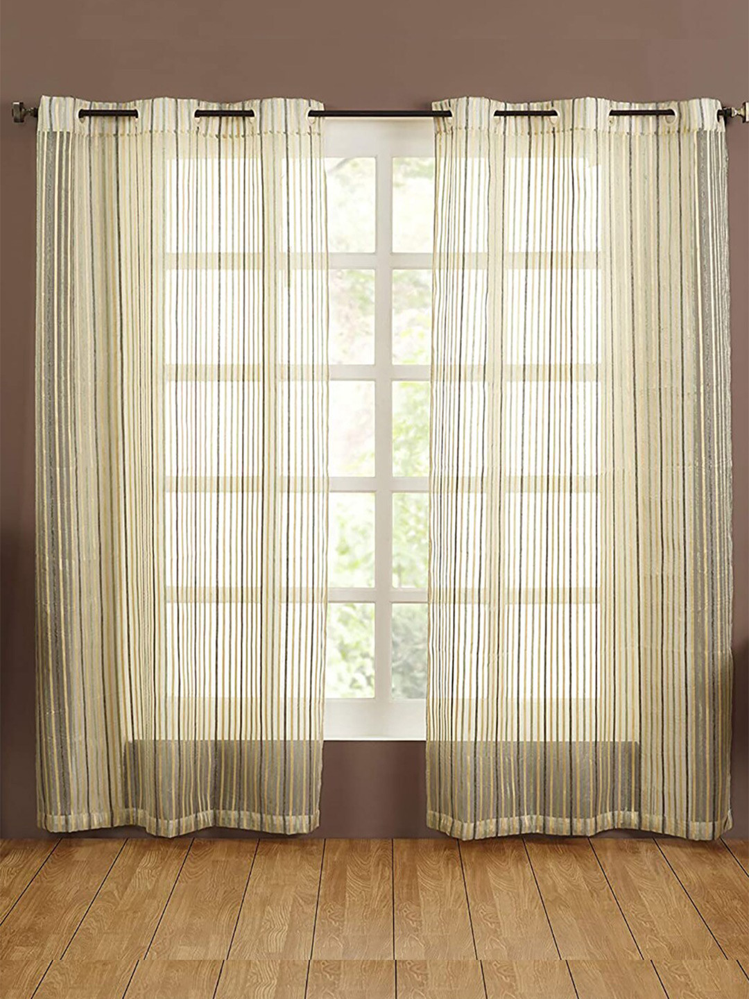 

homewards White & Green 2 Pieces Striped Sheer Long Door Curtain