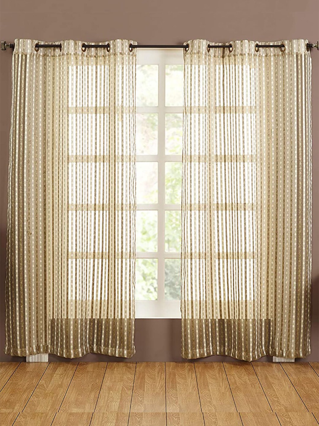 

homewards Green & Off White 2 Pieces Striped Sheer Long Door Curtain