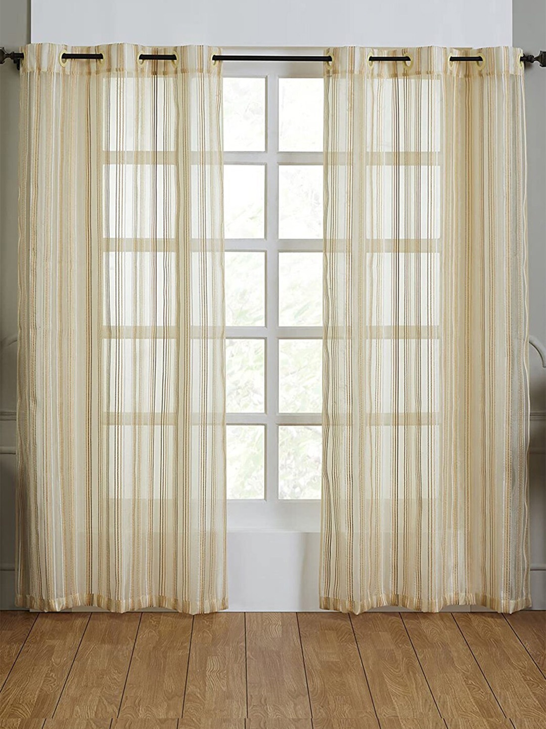 

homewards Off White & Gold-Toned 2 Pieces Striped Sheer Long Door Curtain