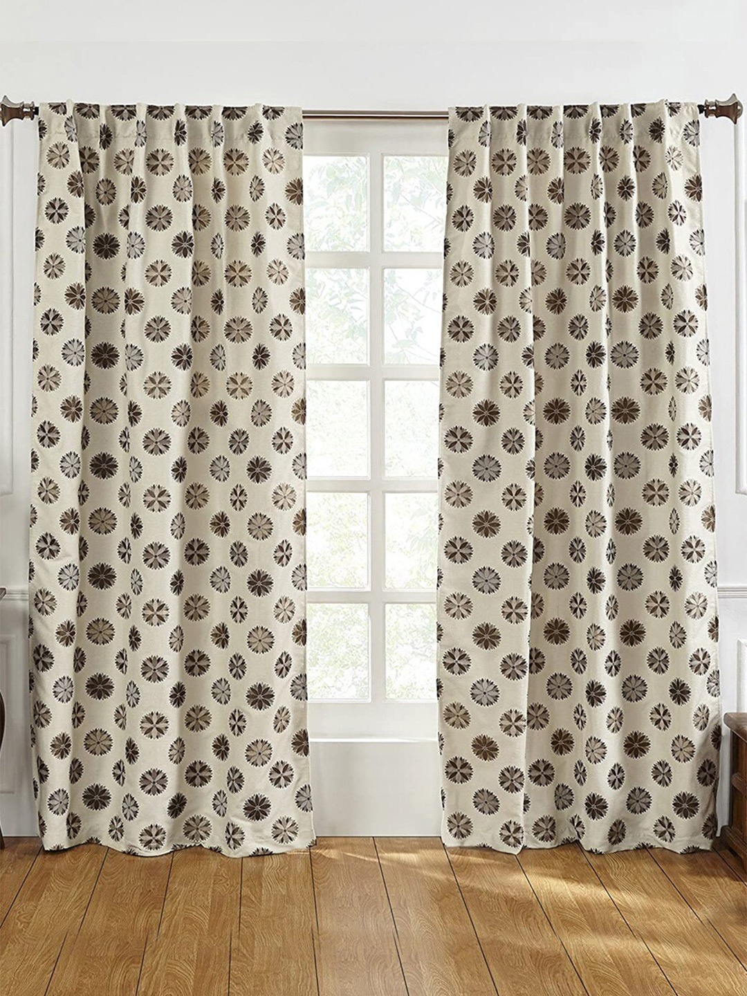 

homewards Beige & Brown 2 Pieces Floral Sheer Long Door Curtain
