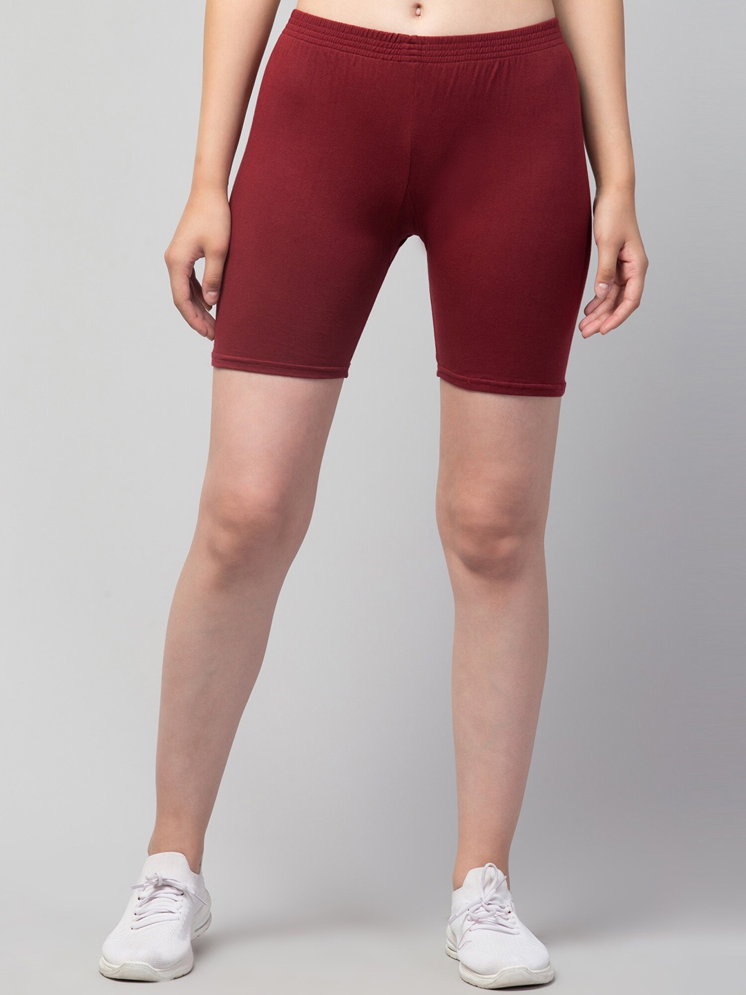 

Lebami Women Mid-Rise Knitted Skinny Fit Gym Pure Cotton Sports Shorts, Maroon