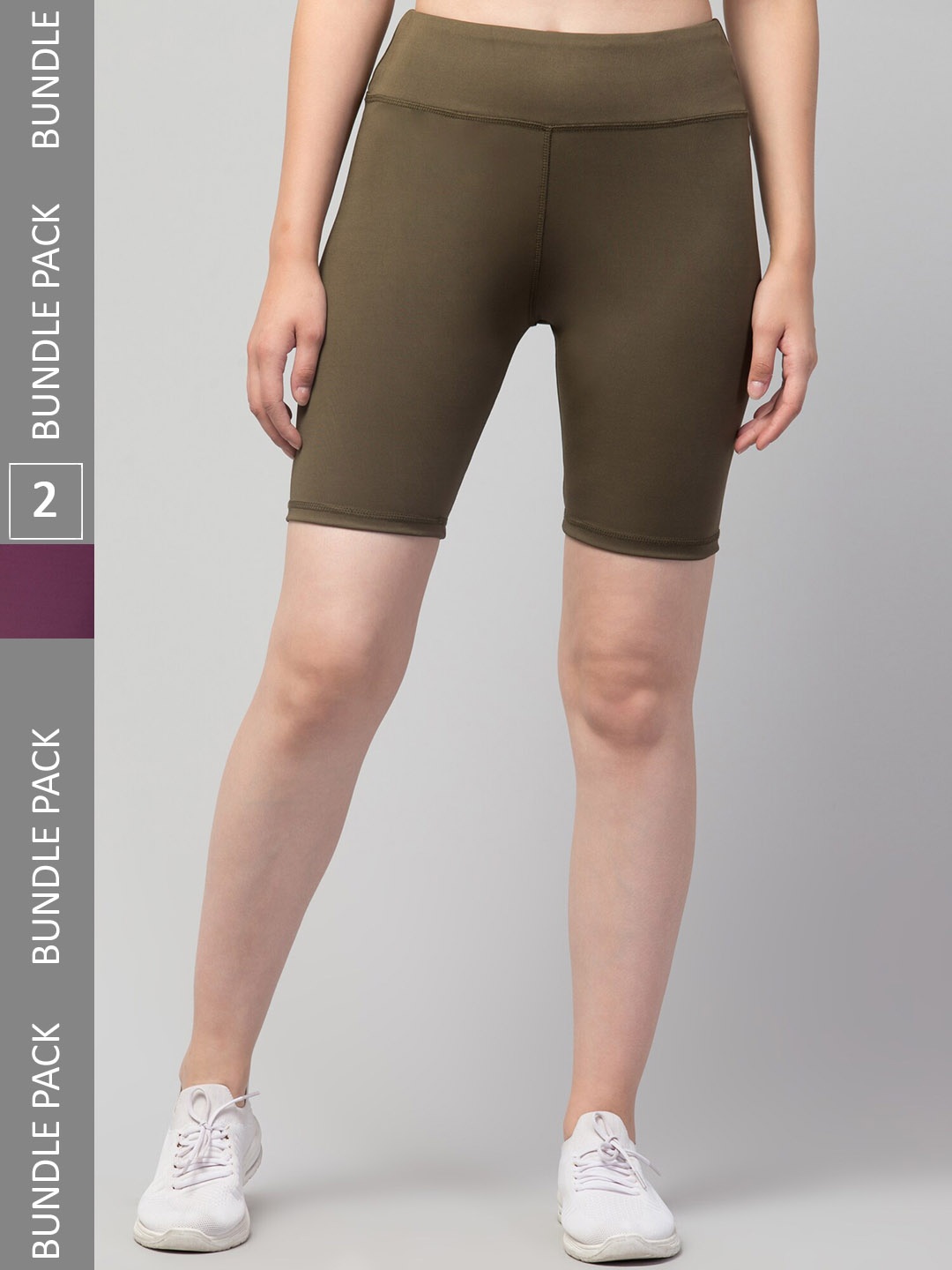 

Lebami Women Pack Of 2 Skinny Fit High-Rise Cycling Sports Shorts, Olive
