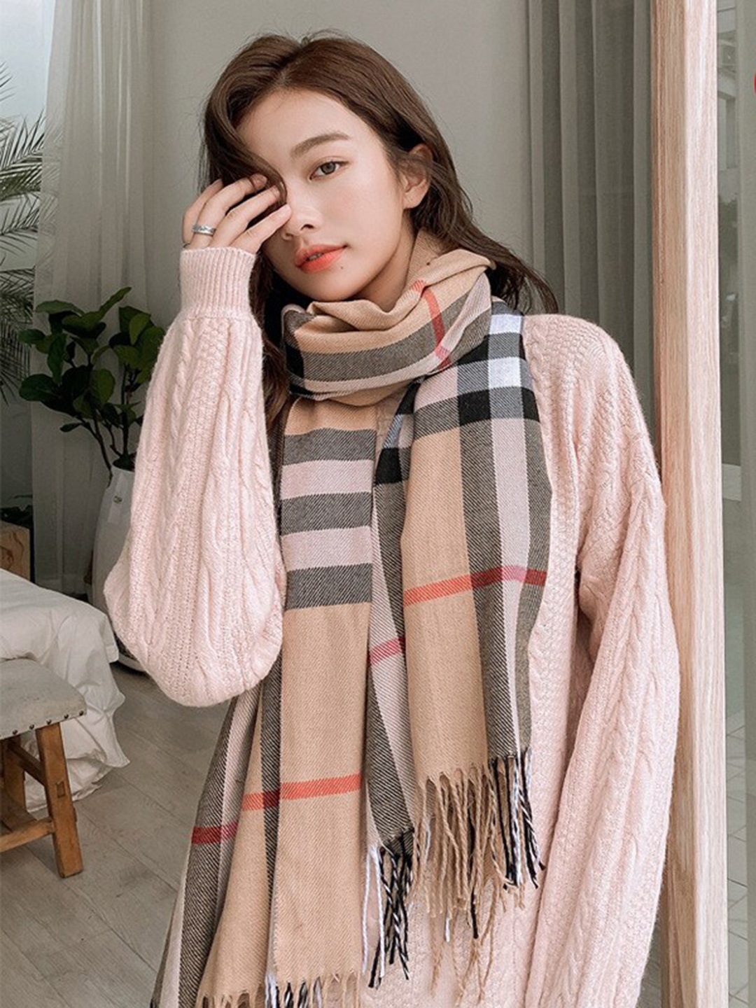 

Alexvyan Women Checked Woven Muffler, Beige