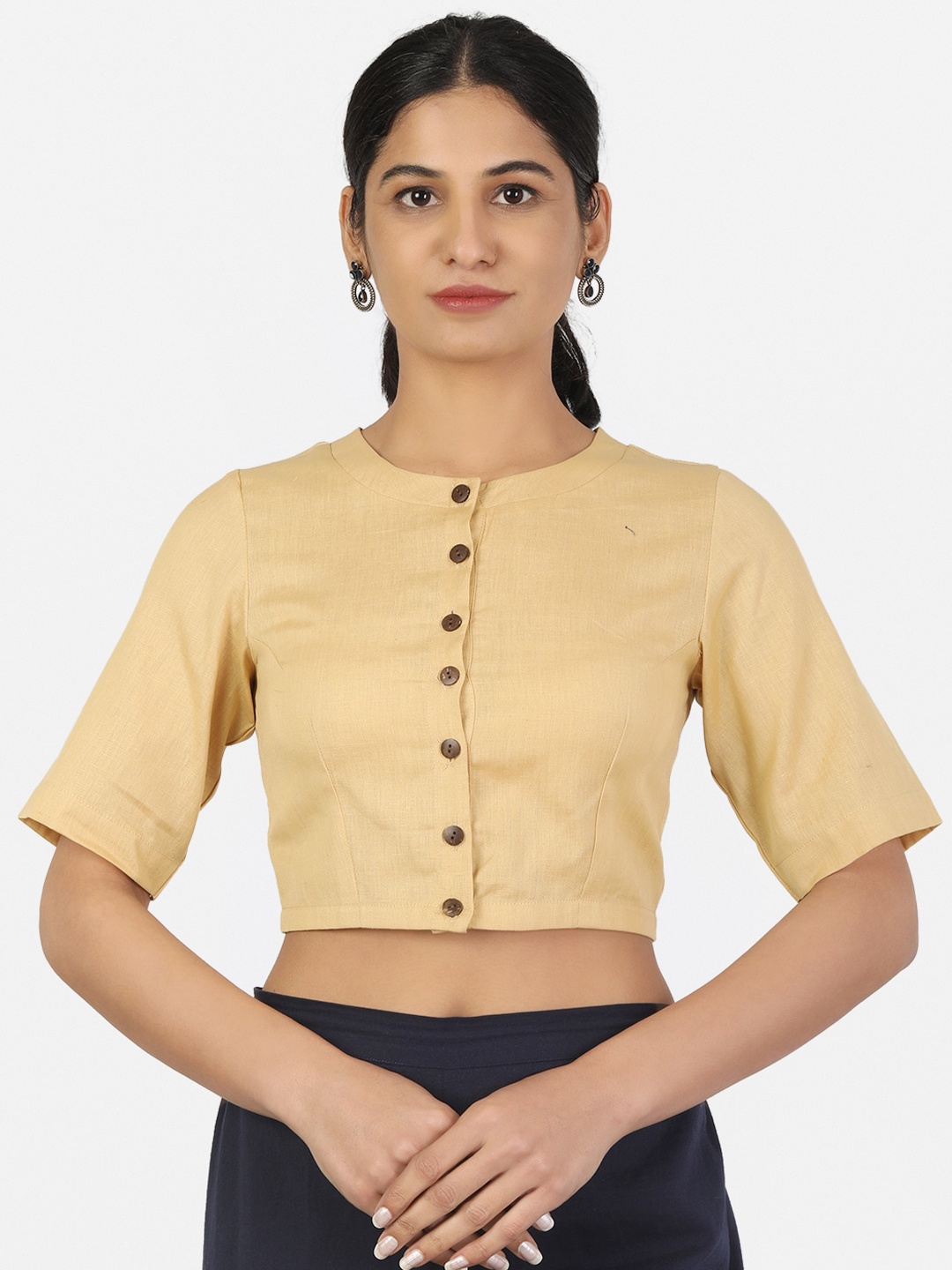 

Llajja Pure Cotton Non Padded Front Button Saree Blouse, Beige