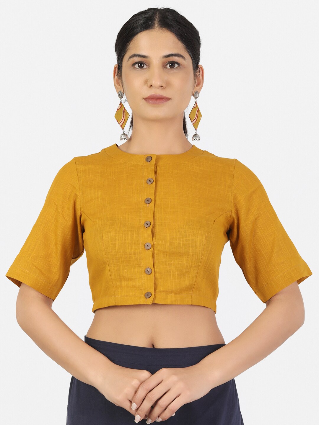 

Llajja Woven Design Pure Cotton Mandarin Collar Saree Blouse, Mustard
