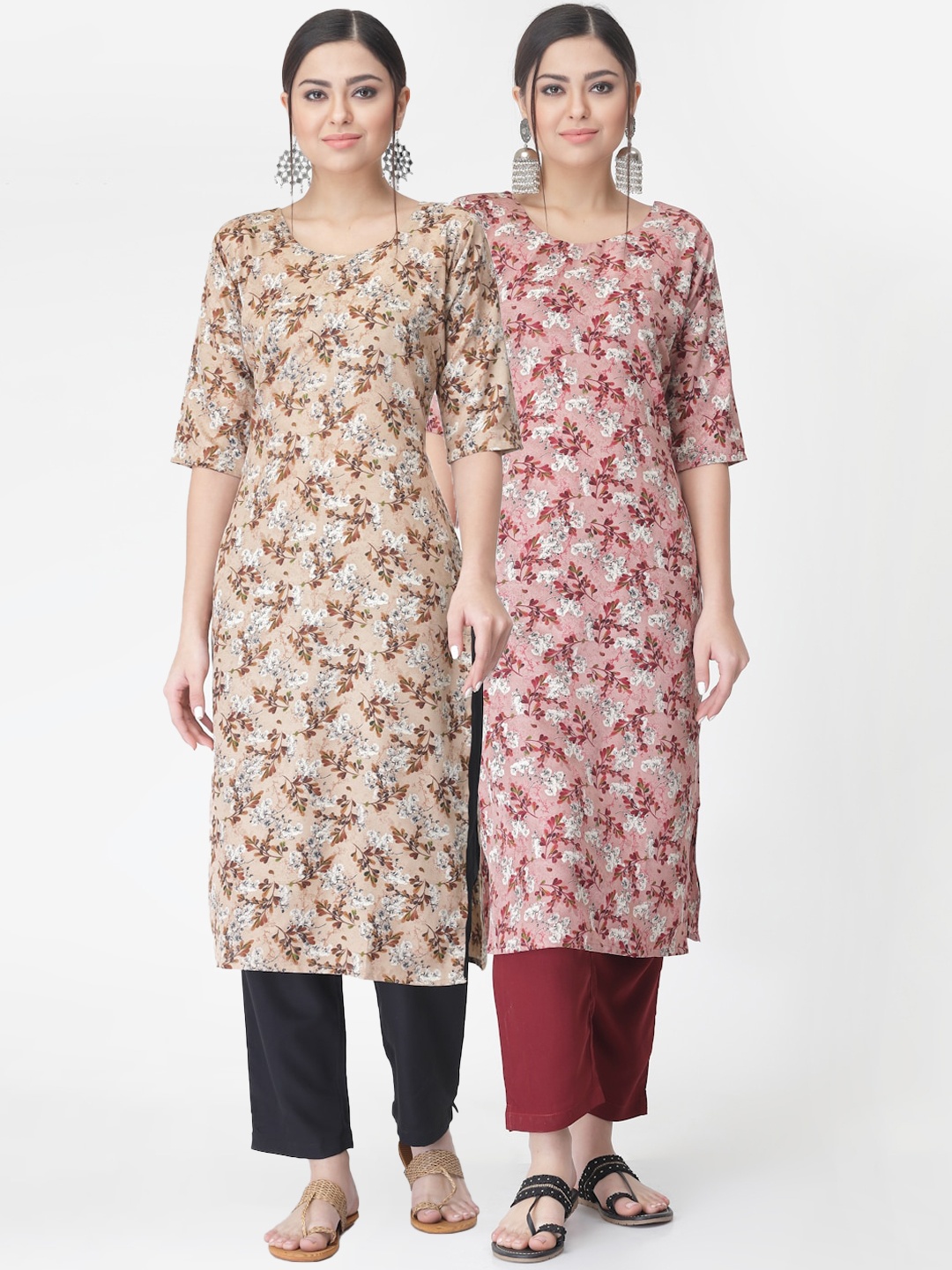 

7Threads Pack of 2 Floral Printed Regular Kurta with Trousers, Beige