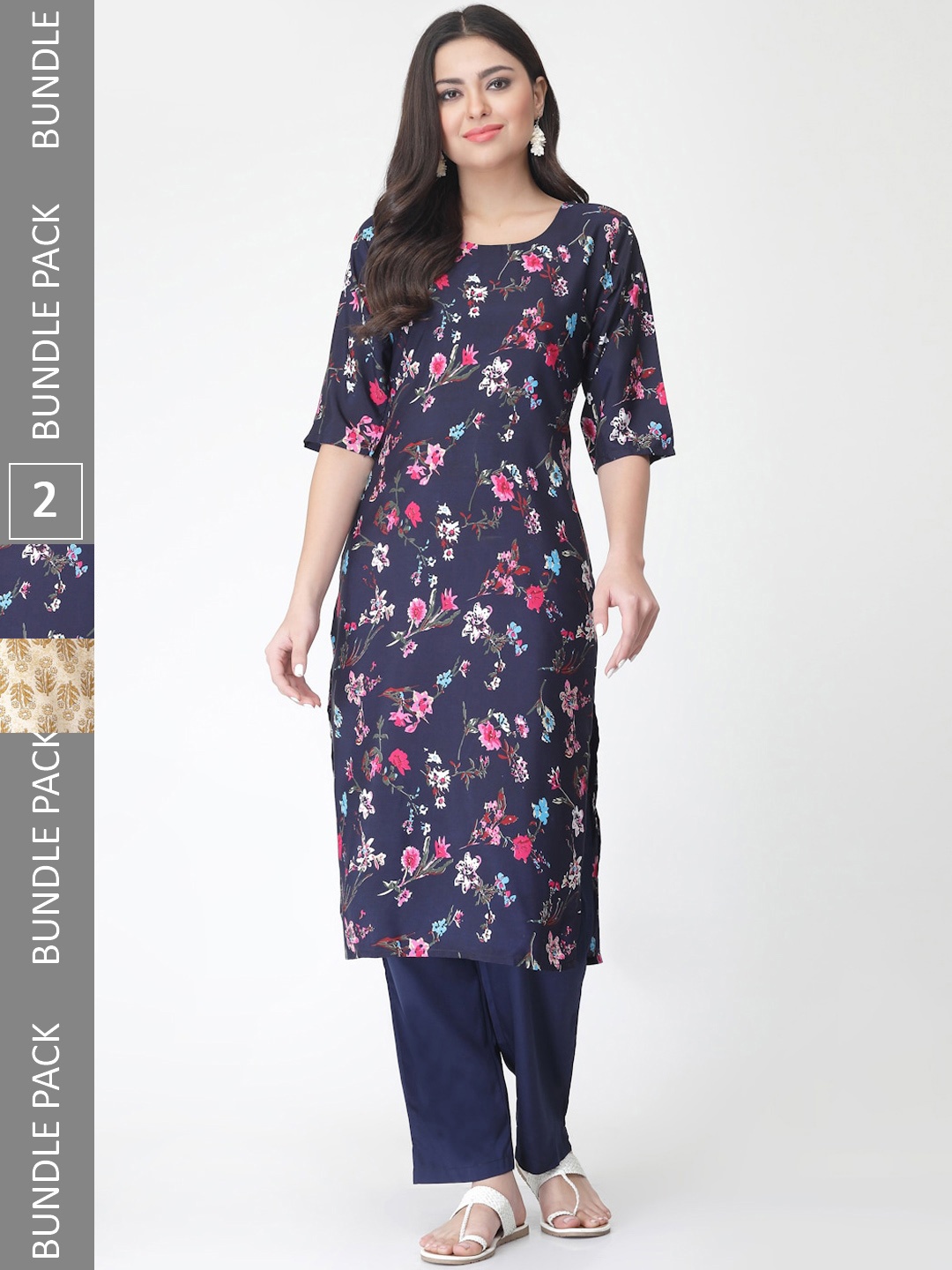 

7Threads Pack Of 2 Floral Printed Kurta With Trousers, Navy blue