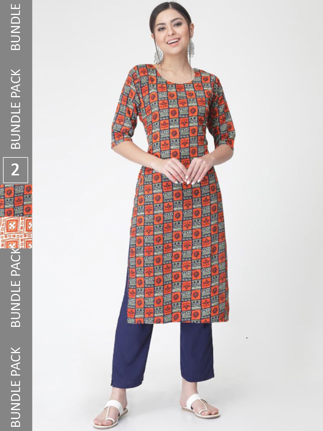 

7Threads Pack Of 2 Ethnic Motif Printed Kurta With Trousers, Orange