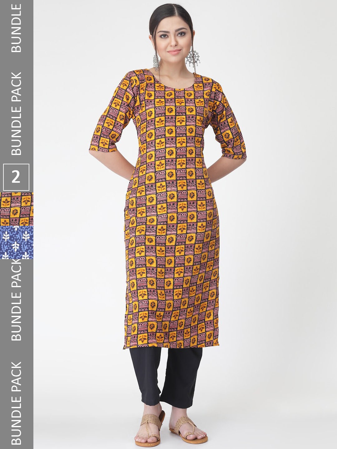 

7Threads A Selection of 2 Printed Regular Straight Kurta With Trousers, Yellow