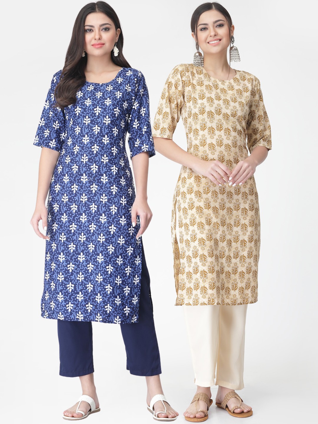 

KALINIA Selection Of 2 Floral Printed Regular Kurta with Trousers, Blue