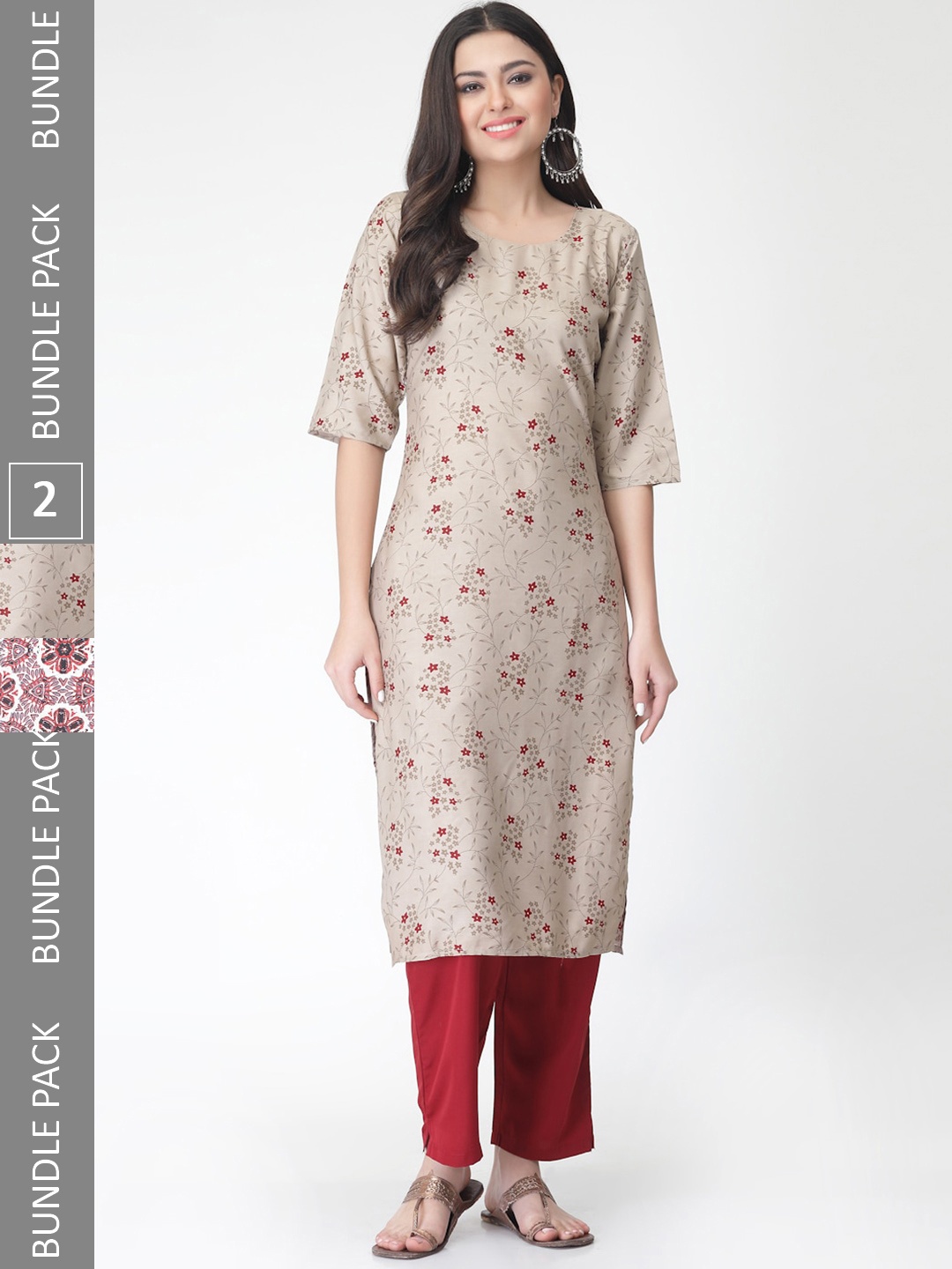 

7Threads Pack Of 2 Printed Straight Kurta with Trousers, Taupe
