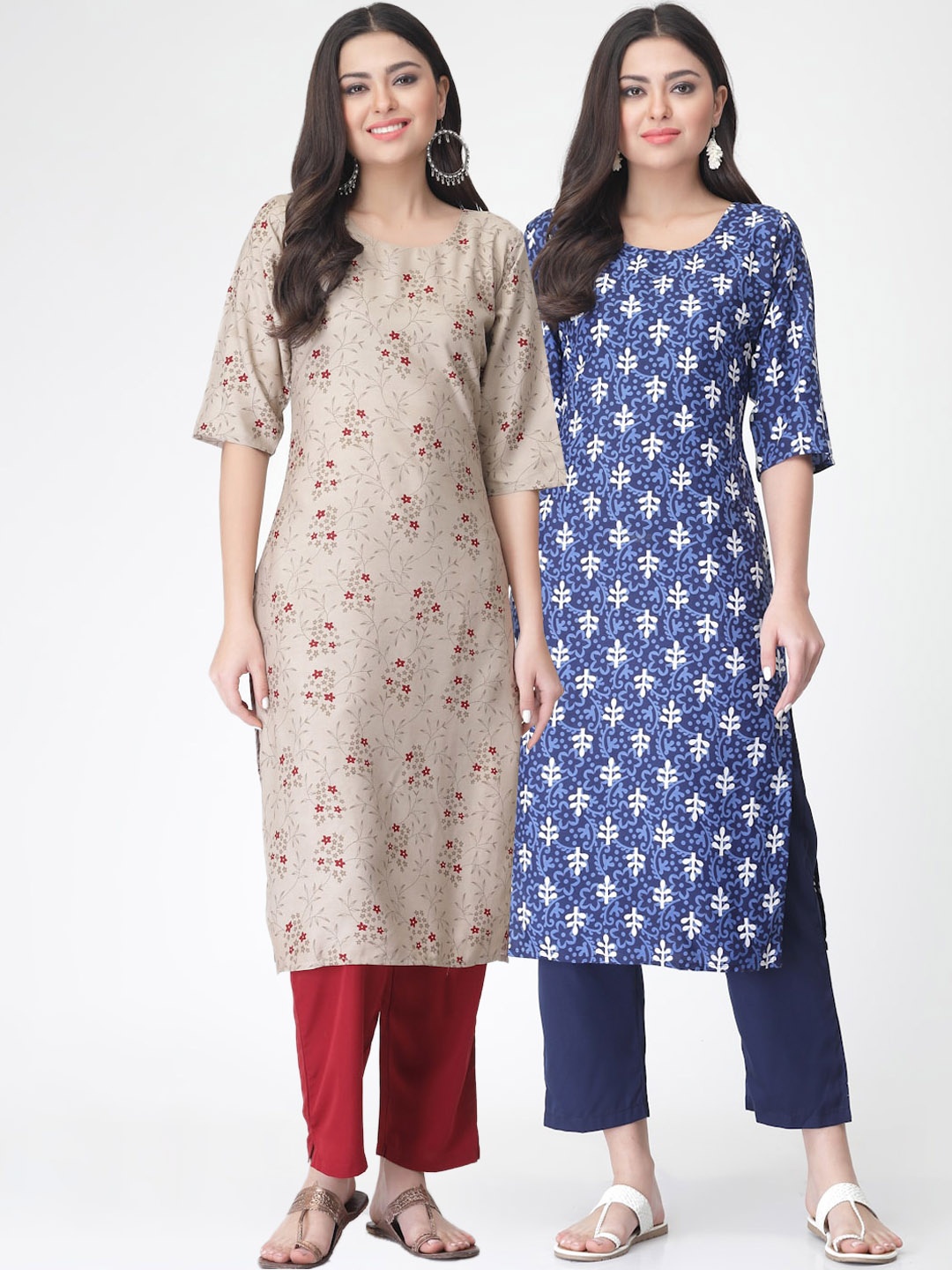 

KALINI A Selection Of 2 Floral Printed Regular Kurta with Trousers, Brown