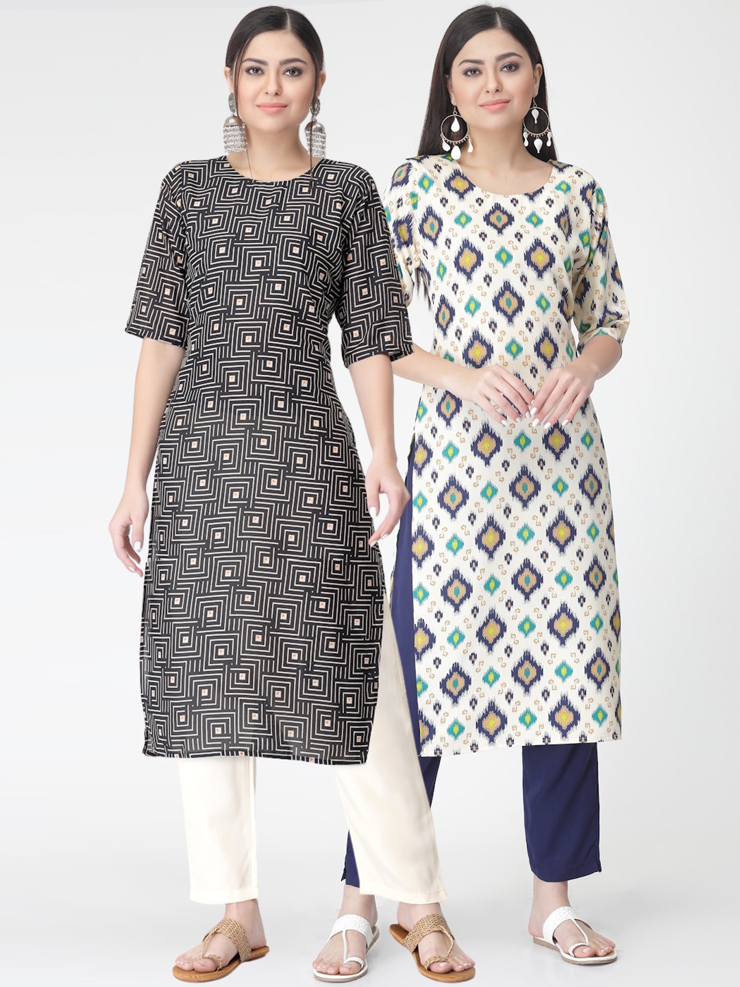 

7Threads Pack of 2 Ethnic Motifs Printed Regular Kurta with Trousers, Black